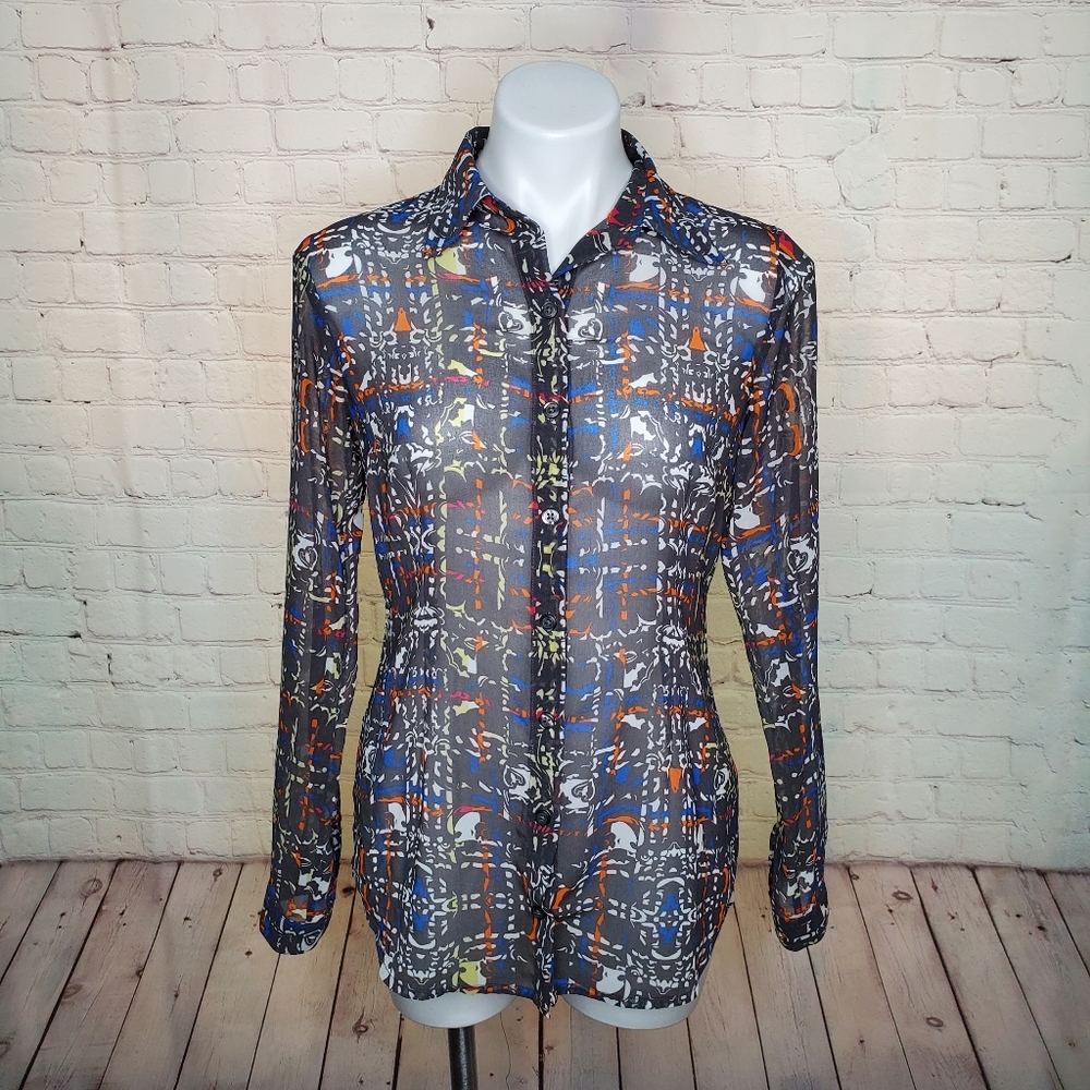 Cabi Sheer Button Down Gray and Multicolored Striped Top Size S